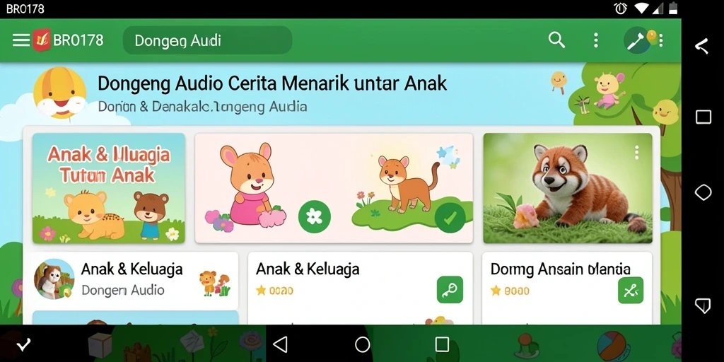 Tampilan antarmuka aplikasi BRO178 yang ramah anak dengan pilihan dongeng audio.
